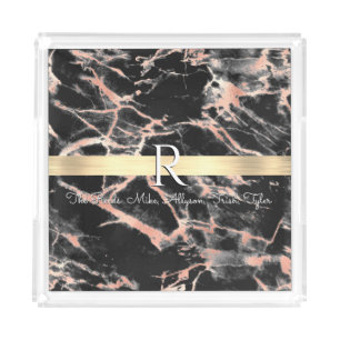 Black/Rose Gold Marble Gold Bar Wht Names Monogram Acrylic Tray