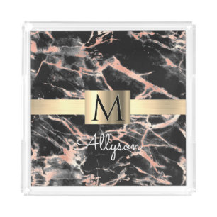 Black & Rose Gold Marble Gold Box, Name & Monogram Acrylic Tray