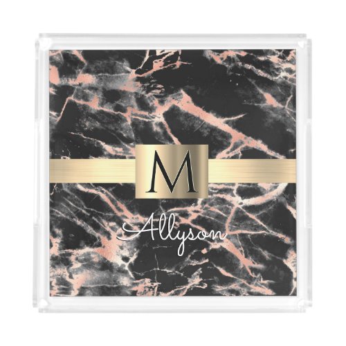 Black  Rose Gold Marble Gold Box Name  Monogram Acrylic Tray