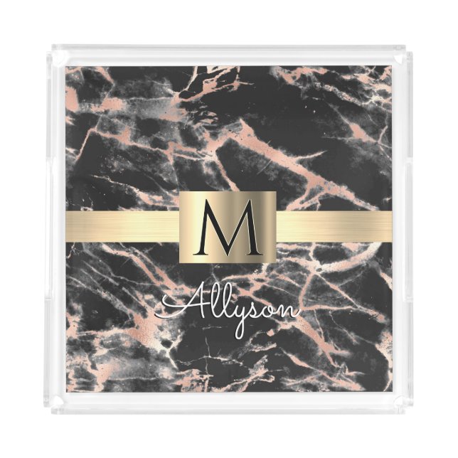 Black & Rose Gold Marble Gold Box, Name & Monogram Acrylic Tray (Front)