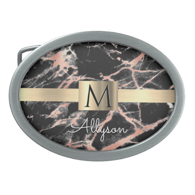 Black & Rose Gold Marble Gold Box, Name & Monogram Belt Buckle (Front)
