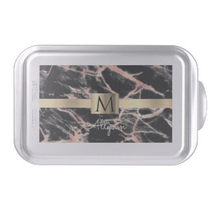 Black & Rose Gold Marble Gold Box, Name & Monogram Cake Pan