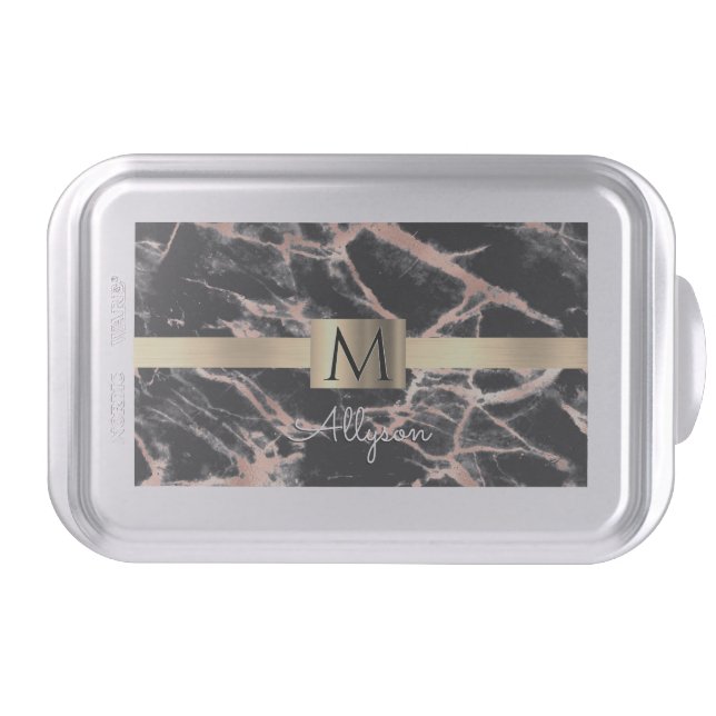 Black & Rose Gold Marble Gold Box, Name & Monogram Cake Pan (Front)
