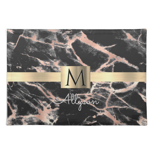 Black & Rose Gold Marble Gold Box, Name & Monogram Cloth Placemat (Front)