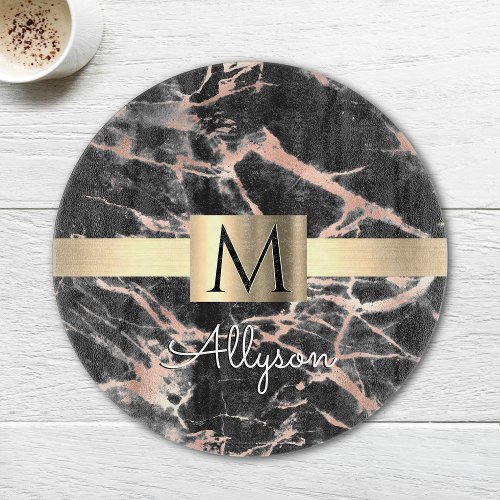 Black  Rose Gold Marble Gold Box Name  Monogram Cutting Board