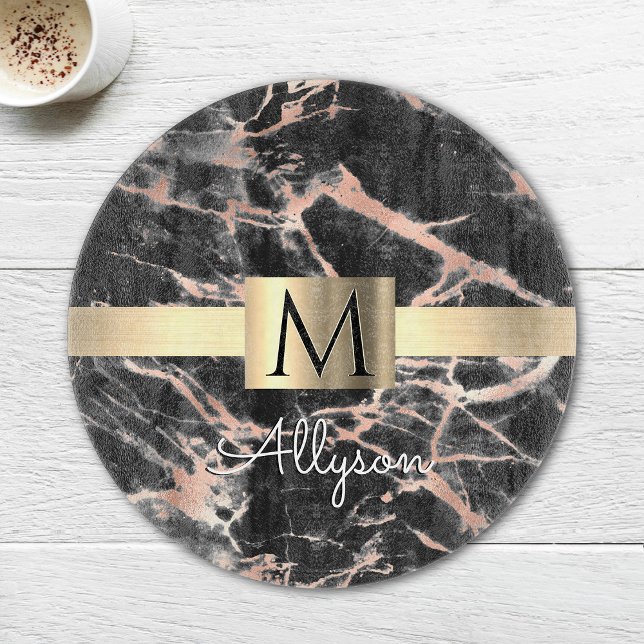 Black & Rose Gold Marble Gold Box, Name & Monogram Cutting Board (Creator Uploaded)