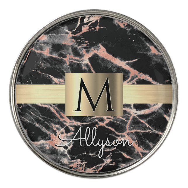 Black & Rose Gold Marble Gold Box, Name & Monogram Golf Ball Marker (Front)