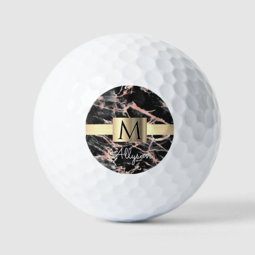 Black  Rose Gold Marble Gold Box Name  Monogram Golf Balls