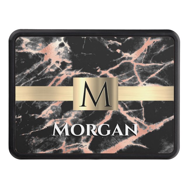Black & Rose Gold Marble Gold Box, Name & Monogram Hitch Cover (Front)