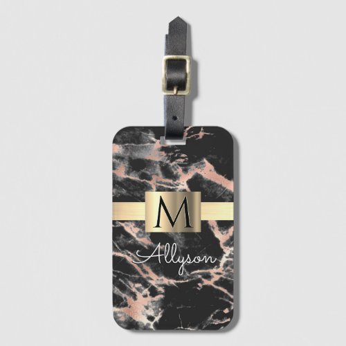 Black  Rose Gold Marble Gold Box Name  Monogram Luggage Tag