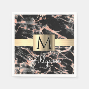 Black & Rose Gold Marble Gold Box, Name & Monogram Napkins