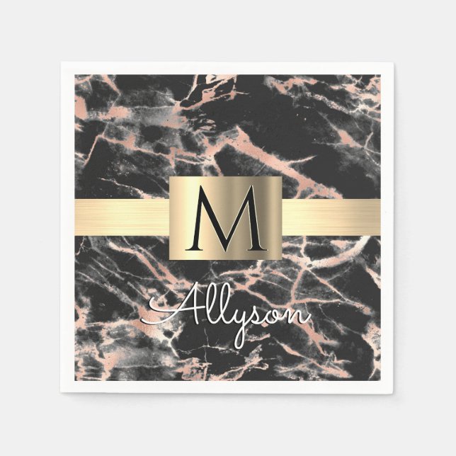 Black & Rose Gold Marble Gold Box, Name & Monogram Napkins (Front)