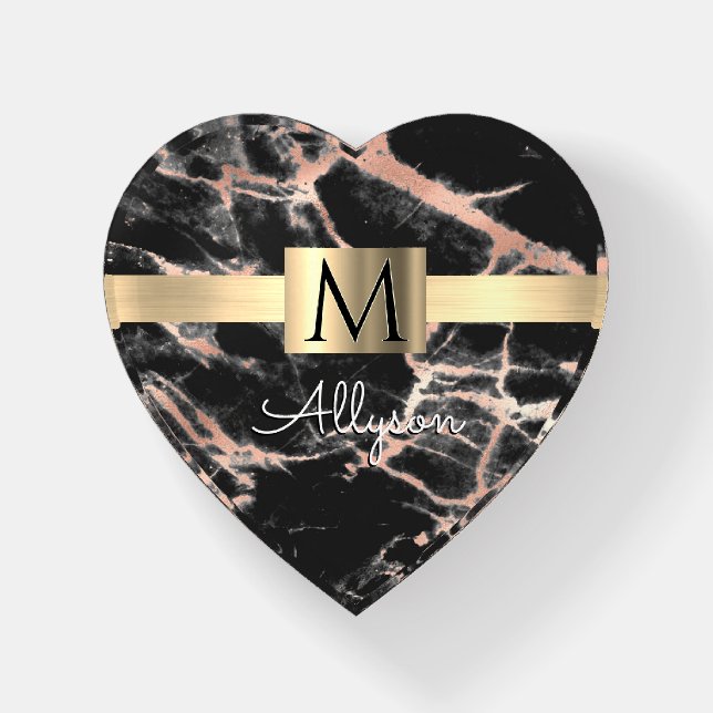 Black & Rose Gold Marble Gold Box, Name & Monogram Paperweight (Front)