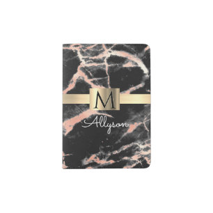 Black & Rose Gold Marble Gold Box, Name & Monogram Passport Holder