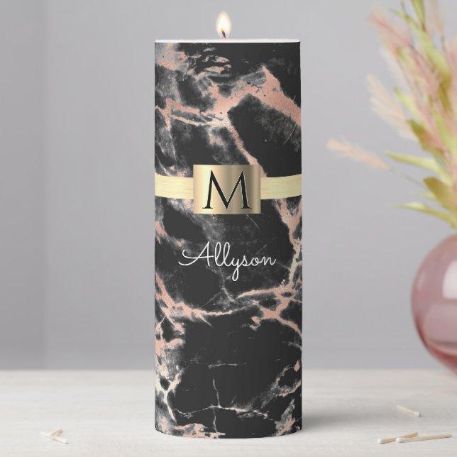 Black & Rose Gold Marble Gold Box, Name & Monogram Pillar Candle (In Situ)