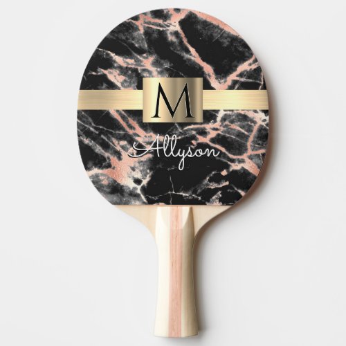 Black  Rose Gold Marble Gold Box Name  Monogram Ping Pong Paddle