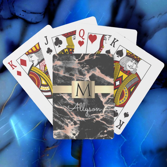 Black & Rose Gold Marble Gold Box, Name & Monogram Poker Cards (Creator Uploaded)