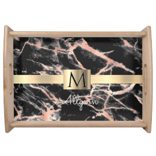 Black & Rose Gold Marble Gold Box, Name & Monogram Serving Tray