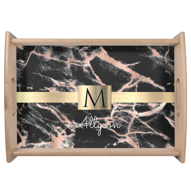 Black & Rose Gold Marble Gold Box, Name & Monogram Serving Tray (Front)