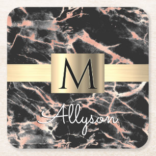 Black & Rose Gold Marble Gold Box, Name & Monogram Square Paper Coaster