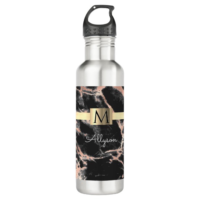 Black & Rose Gold Marble Gold Box, Name & Monogram Stainless Steel Water Bottle (Front)