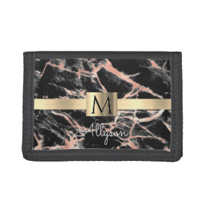 Black & Rose Gold Marble Gold Box, Name & Monogram Tri-fold Wallet