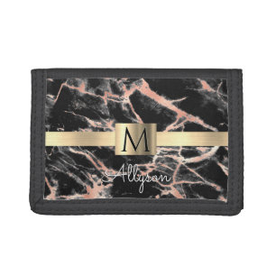 Black & Rose Gold Marble Gold Box, Name & Monogram Tri-fold Wallet
