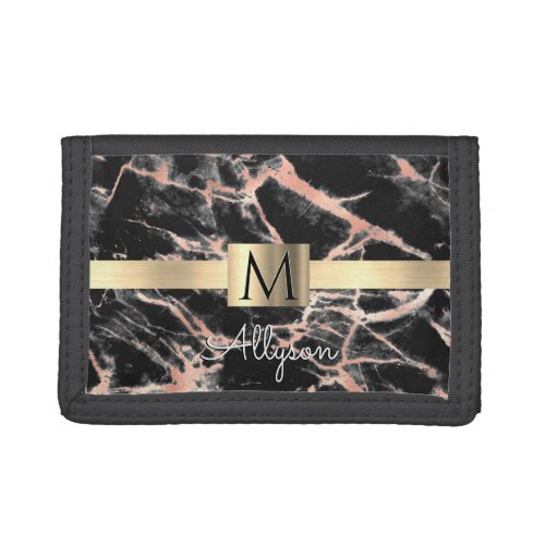 Black  Rose Gold Marble Gold Box Name  Monogram Trifold Wallet