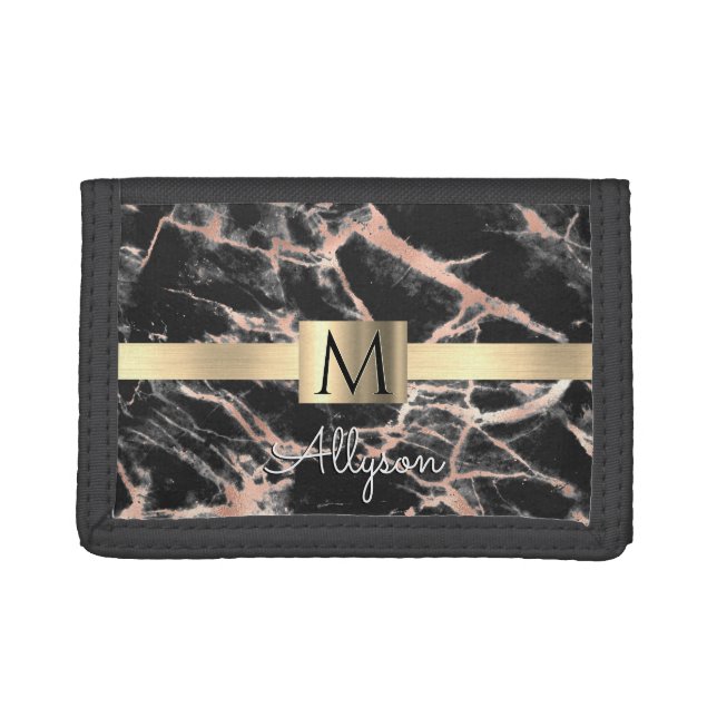 Black & Rose Gold Marble Gold Box, Name & Monogram Trifold Wallet (Front)