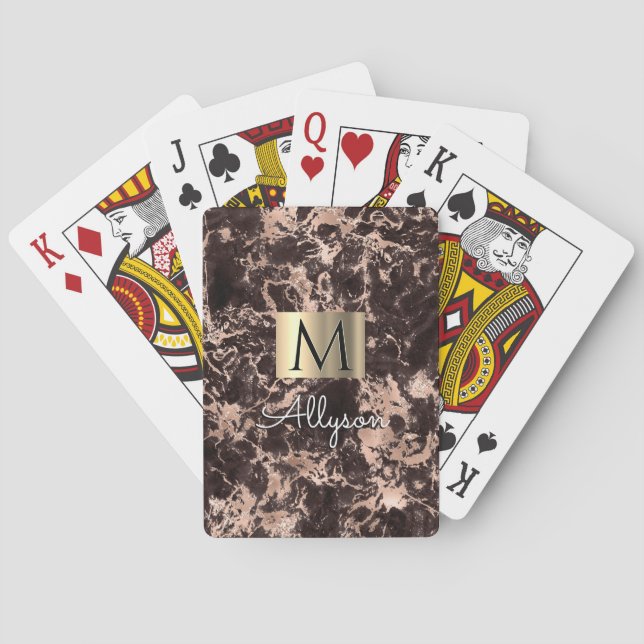 Black/Rose Gold Marble Gold Box, Name/Monogram Vs4 Poker Cards (Back)