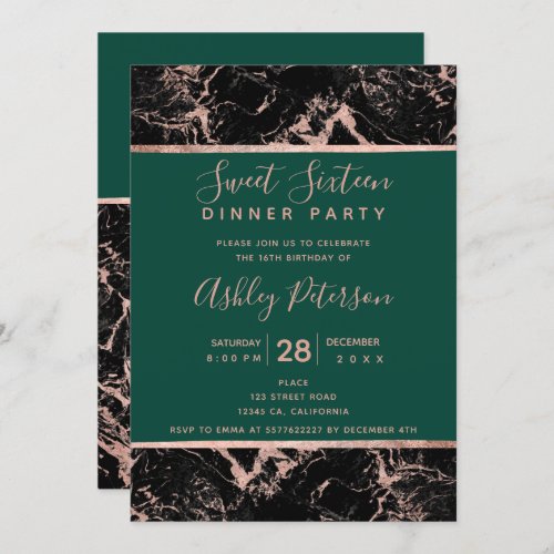 Black rose gold marble green typography Sweet 16 Invitation