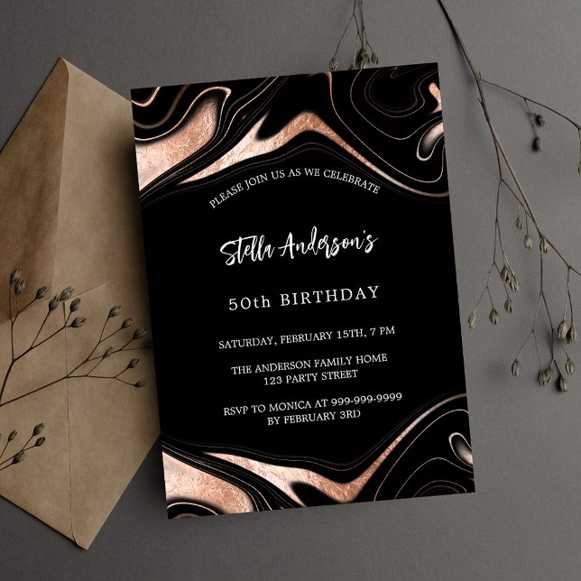 Black rose gold marble luxury modern birthday invitation (Creator Uploaded)