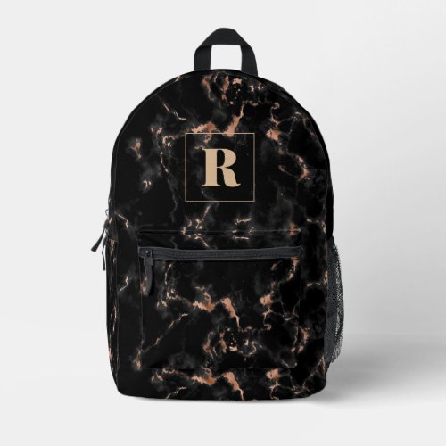 Black  Rose Gold Marble Monogram Printed Backpack