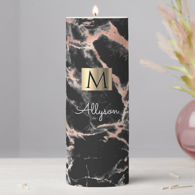 Black & Rose Gold Marble, Name & Monogram, Vs 2 Pillar Candle (In Situ)