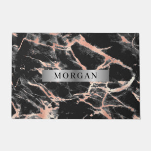 Black & Rose Gold Marble, Name on Silver Band Doormat
