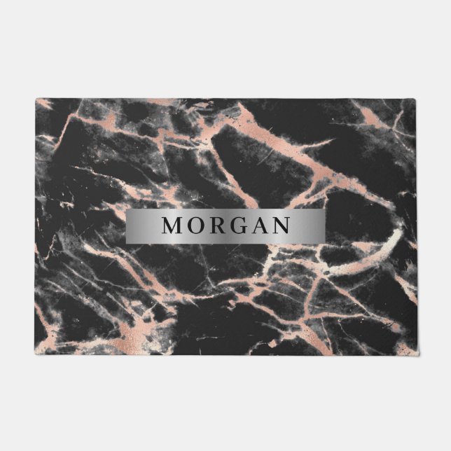 Black & Rose Gold Marble, Name on Silver Band Doormat (Front)