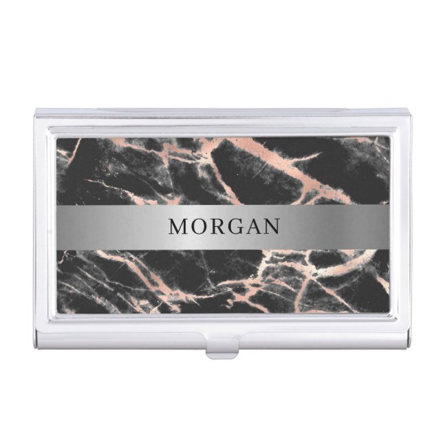 Black & Rose Gold Marble, Silver Band, Name Business Card Case (Front)