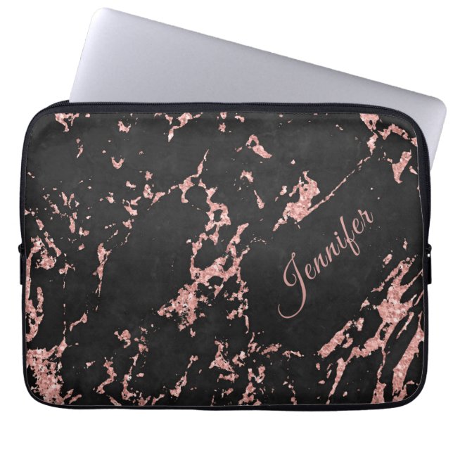 Black Rose Gold Marble Stone With Your Name Laptop Sleeve (Front)