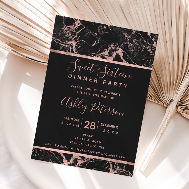 Black rose gold marble typography Sweet 16 Invitation