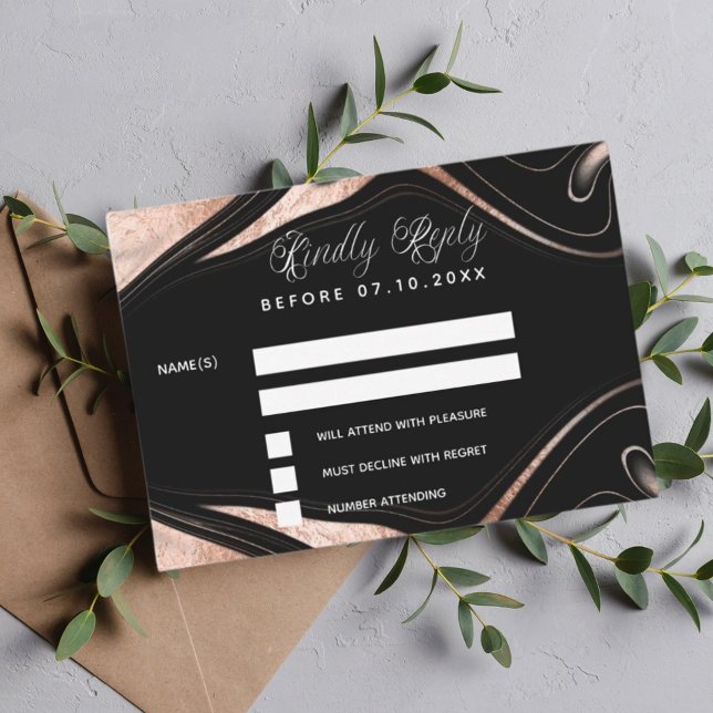 Black rose gold marble wedding response RSVP Note Card (Creator Uploaded)