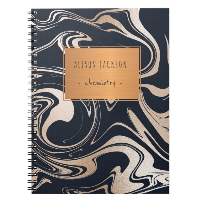 Black rose gold marble with copper label school notebook (Front)
