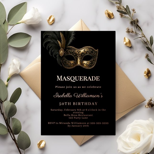 Black rose gold Masquerade birthday party Foil Invitation (Creator Uploaded)