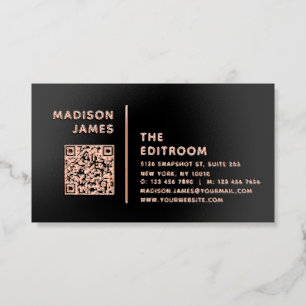 Black Rose Gold Minimal QR Code Foil Business Cards