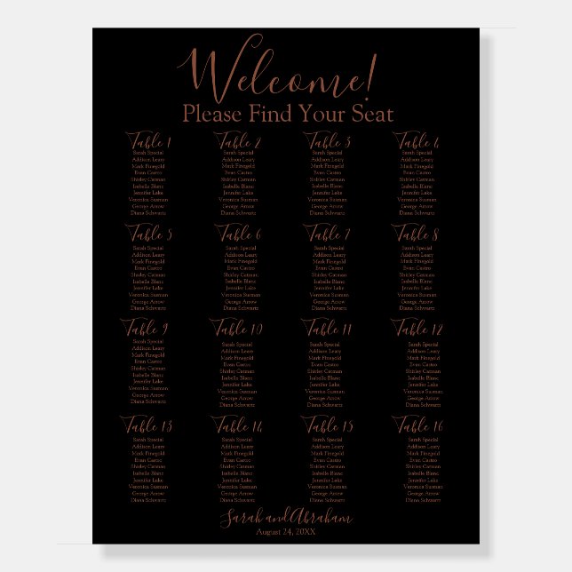 Black Rose Gold Minimalist Wedding Seating Chart Foam Board (Front)