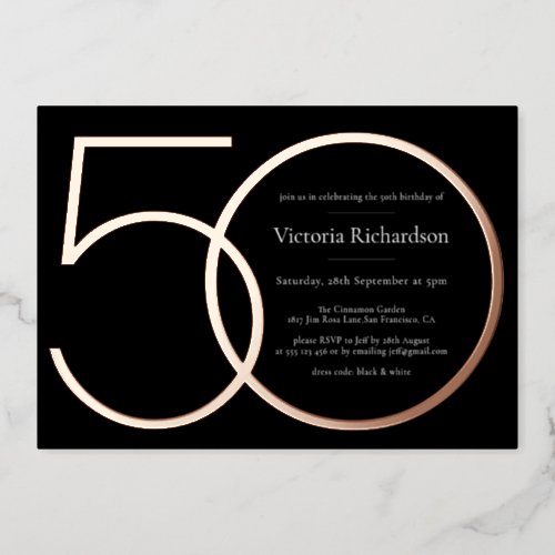 Black Rose Gold Modern Minimalist 50th Birthday Foil Invitation