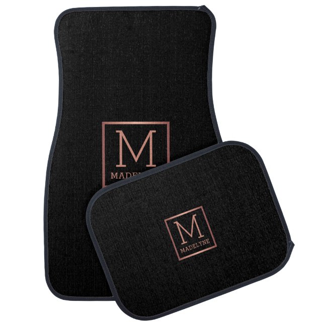Black Rose Gold Modern Monogram Elegant Car Floor Mat (Set)
