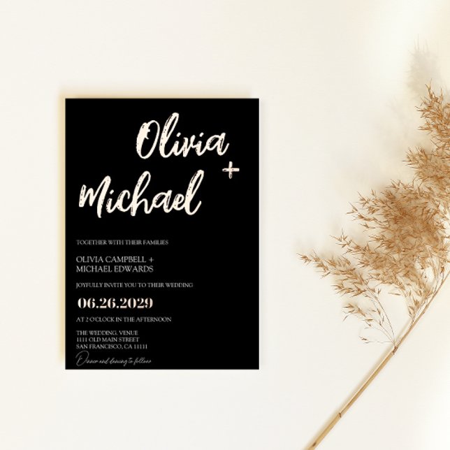 Black Rose Gold Modern Script Calligraphy Wedding Foil Invitation (Creator Uploaded)