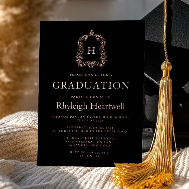 Black Rose Gold Monogram Crest Graduation Party Foil Invitation (Creator Uploaded)