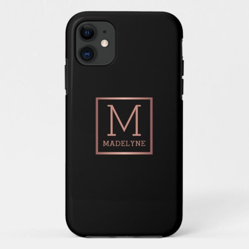 Black Rose Gold Monogram Elegant iPhone 11 Case