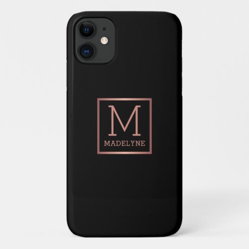 Black Rose Gold Monogram Elegant iPhone 11 Case